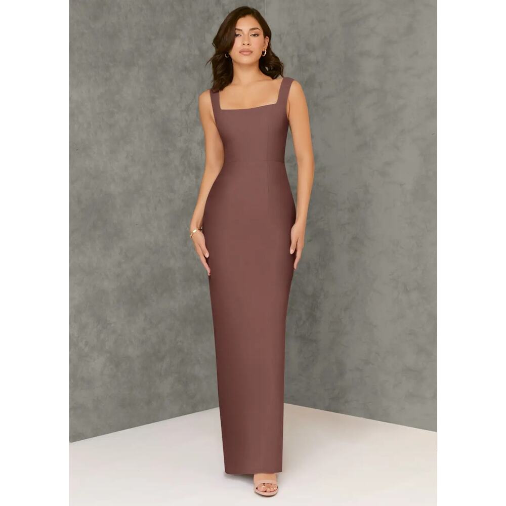 Azazie Flori Bridesmaid Dress Size 8 Brown Satin Maxi Formal Wedding Guest Chic